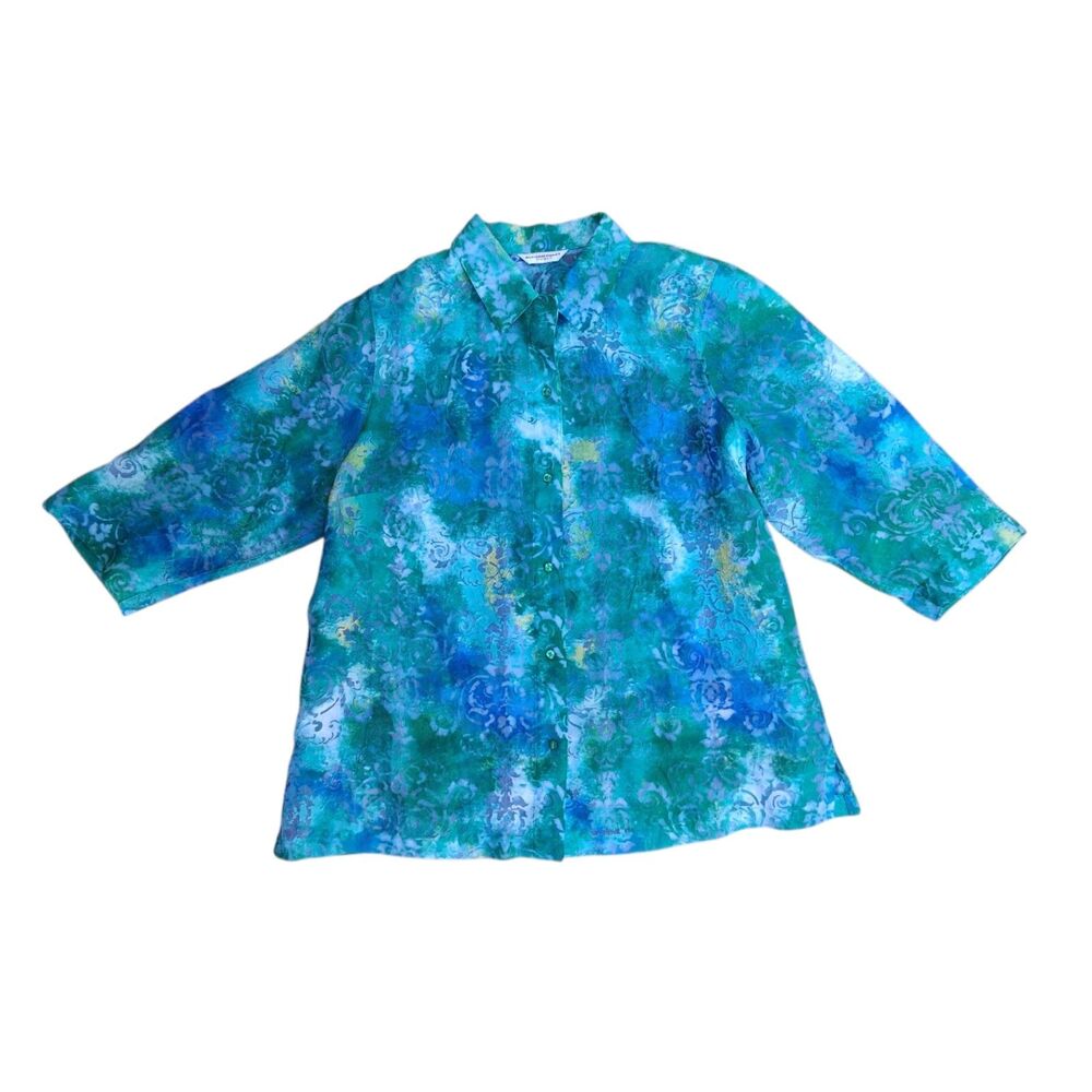 Allison Daley Blue Green Watercolor Damask Print Button-Up Blouse Plus 2X